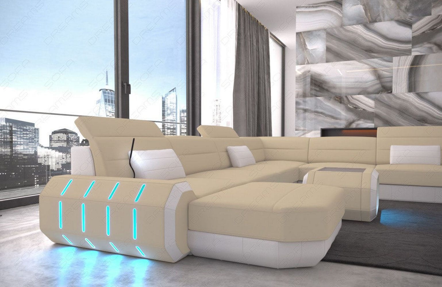 XL Stoff Wohnlandschaft Roma mit LED Beige-Weiß