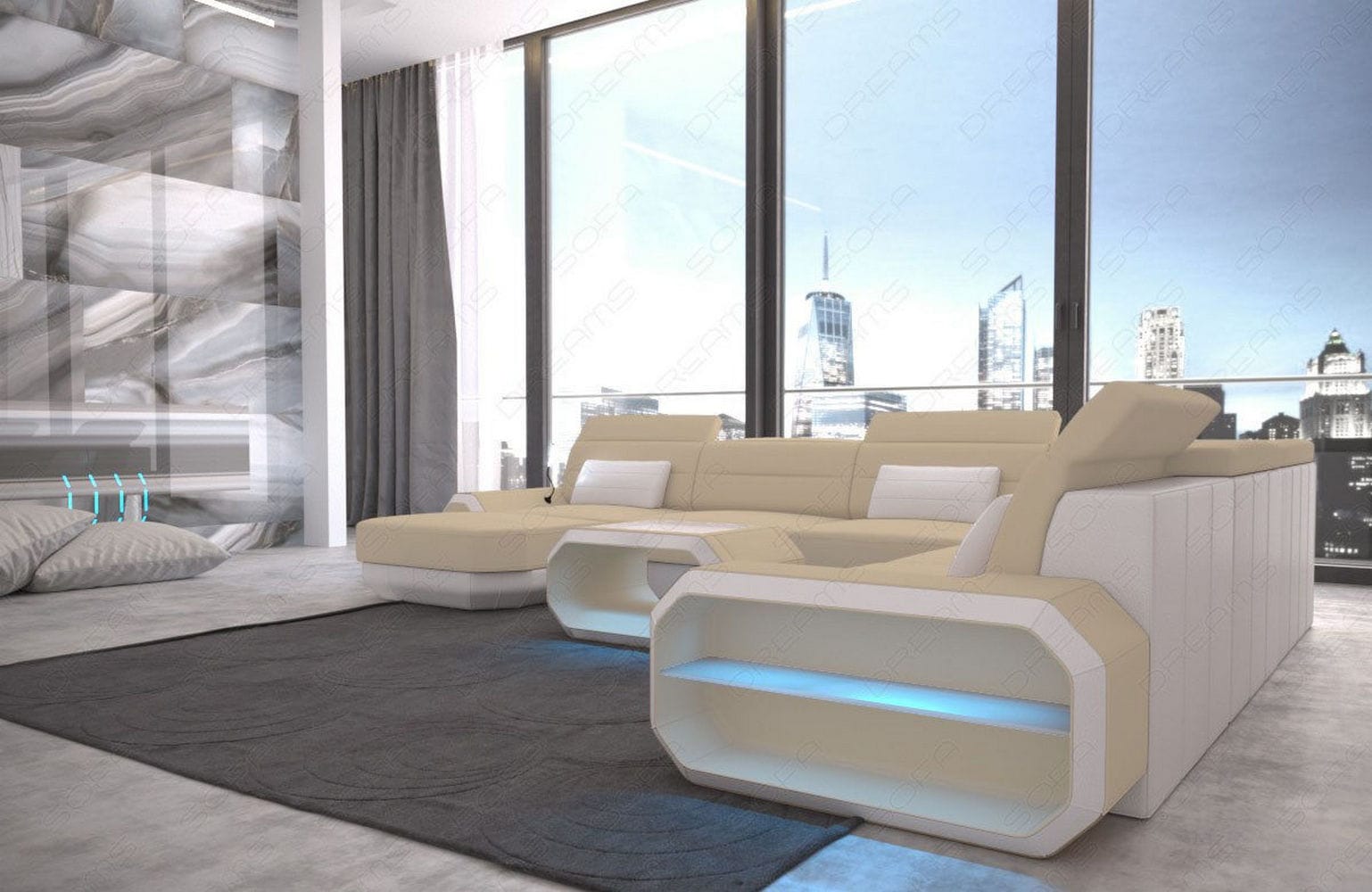 XL Stoff Wohnlandschaft Roma mit LED Beige-Weiß