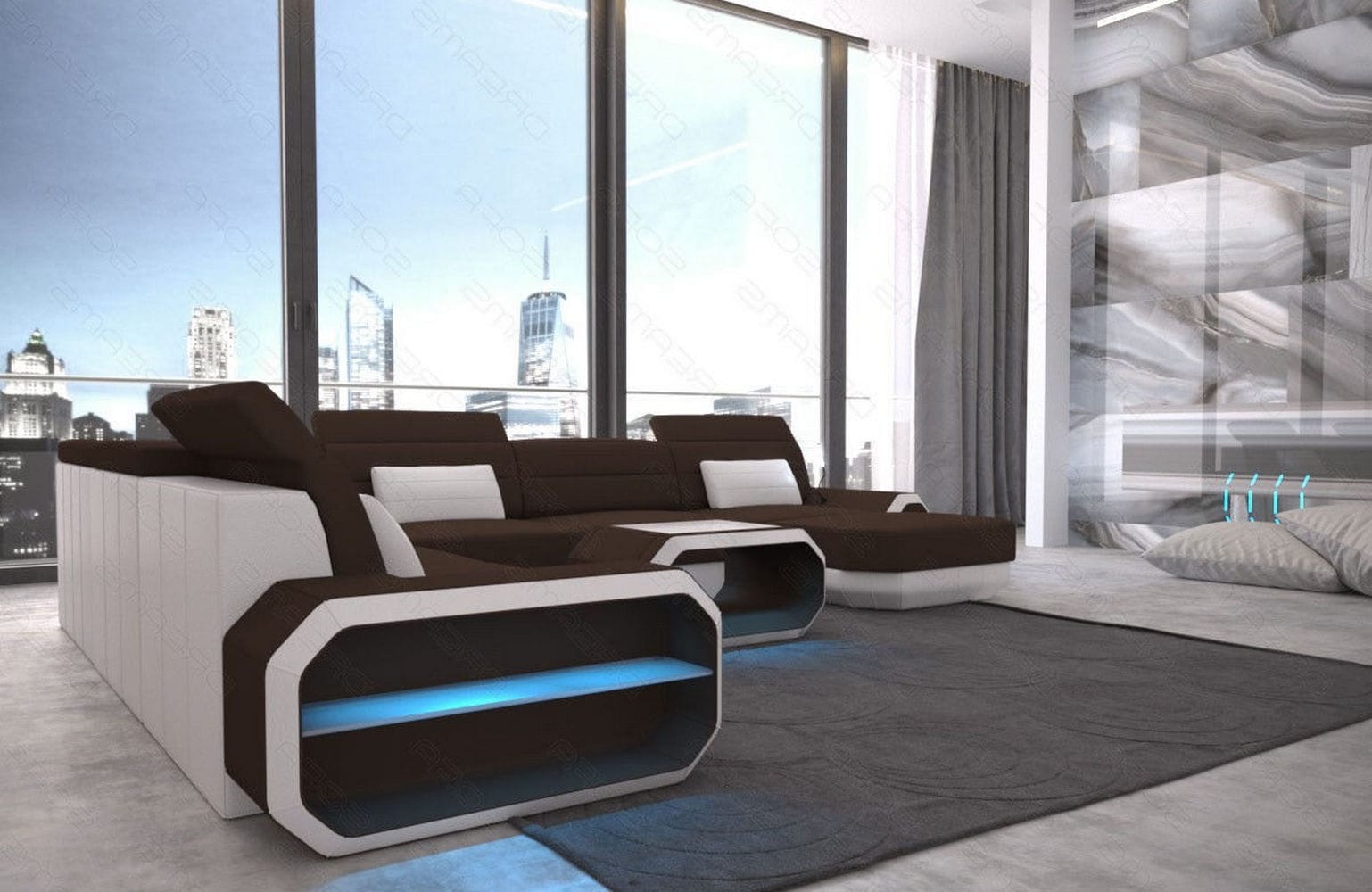 XXL Stoff Wohnlandschaft Roma U-Form Dunkelbraun-Weiß