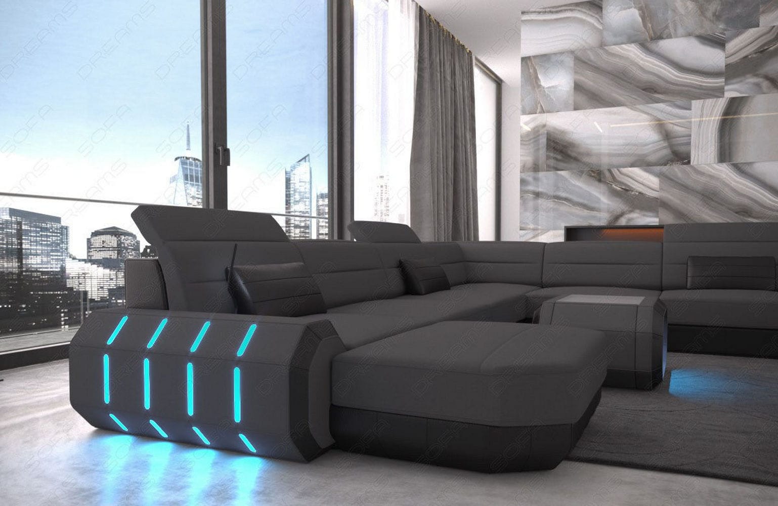 XL Stoff Wohnlandschaft Roma mit LED Dunkelgrau-Schwarz