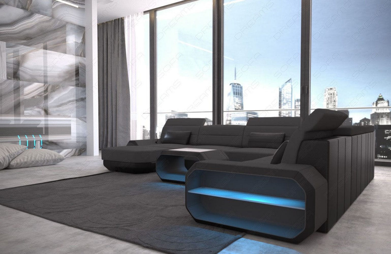 XL Stoff Wohnlandschaft Roma mit LED Dunkelgrau-Schwarz