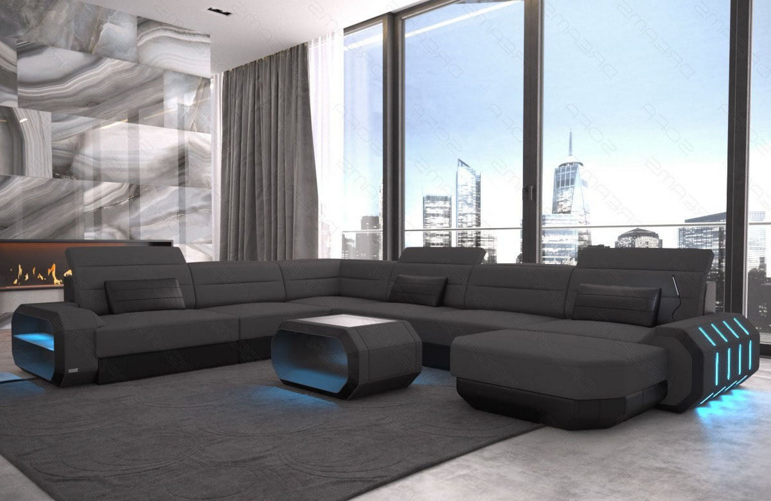 XL Stoff Wohnlandschaft Roma mit LED