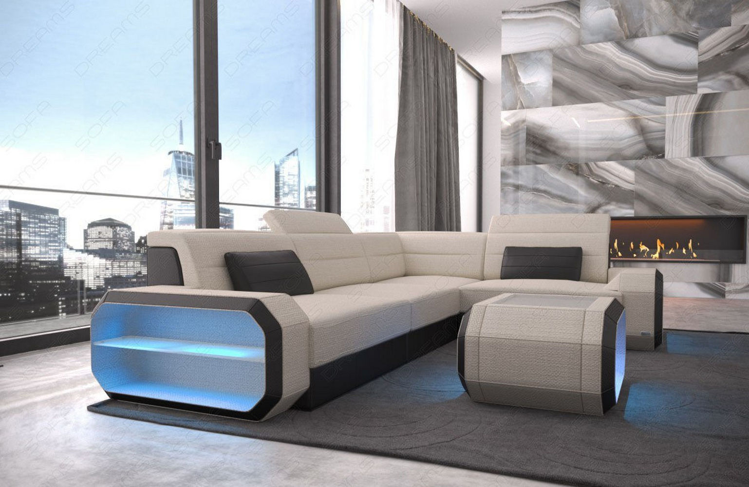 Stoffsofa Verona L-Form – Modern & bequem Elfenbein-Schwarz