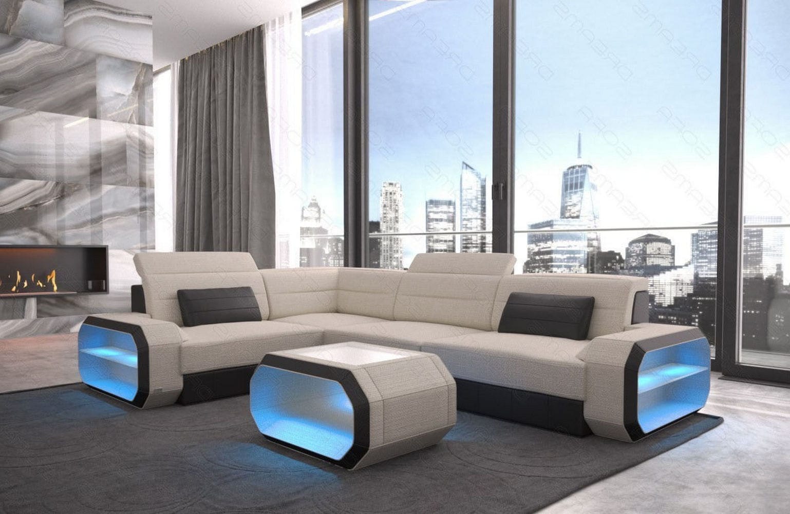 Ecksofa Verona L-Form aus Stoff Elfenbein-Schwarz