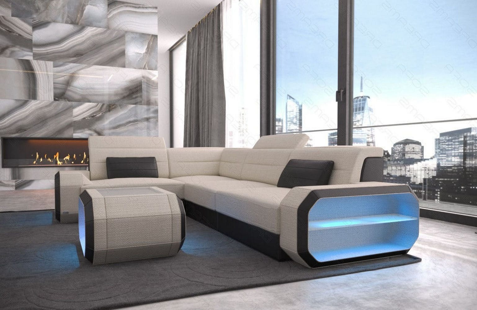 Ecksofa Verona L-Form aus Stoff Elfenbein-Schwarz