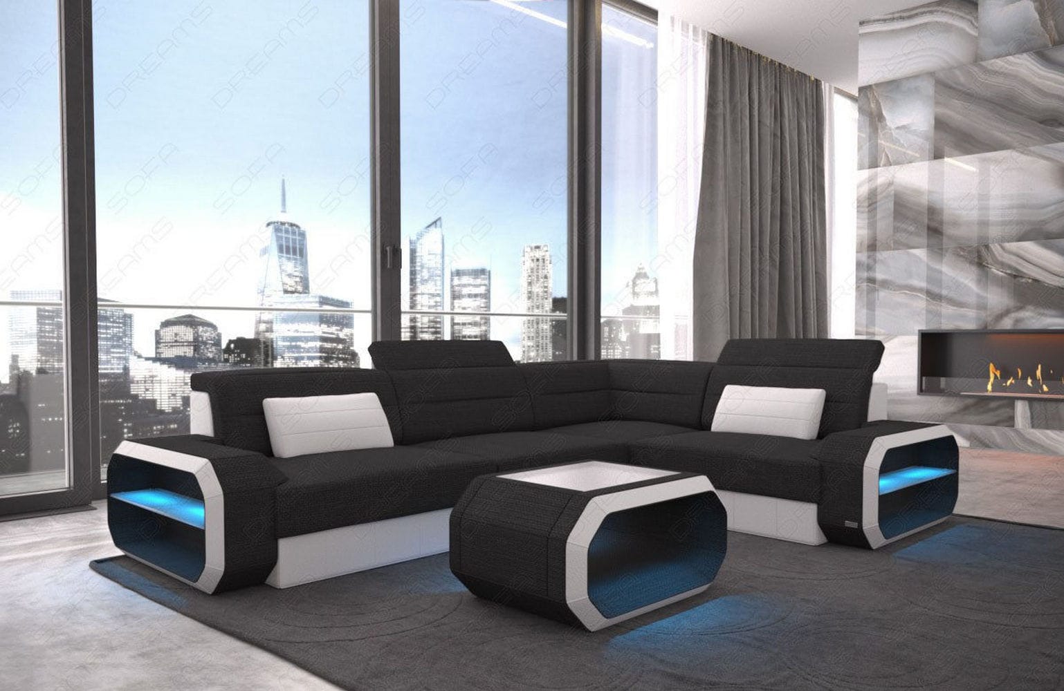 Ecksofa Verona L-Form aus Stoff Schwarz-Weiß