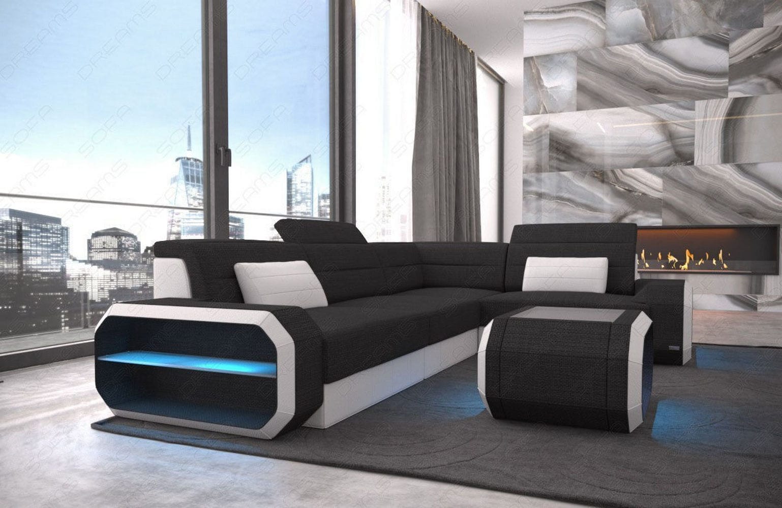 Ecksofa Verona L-Form aus Stoff Schwarz-Weiß