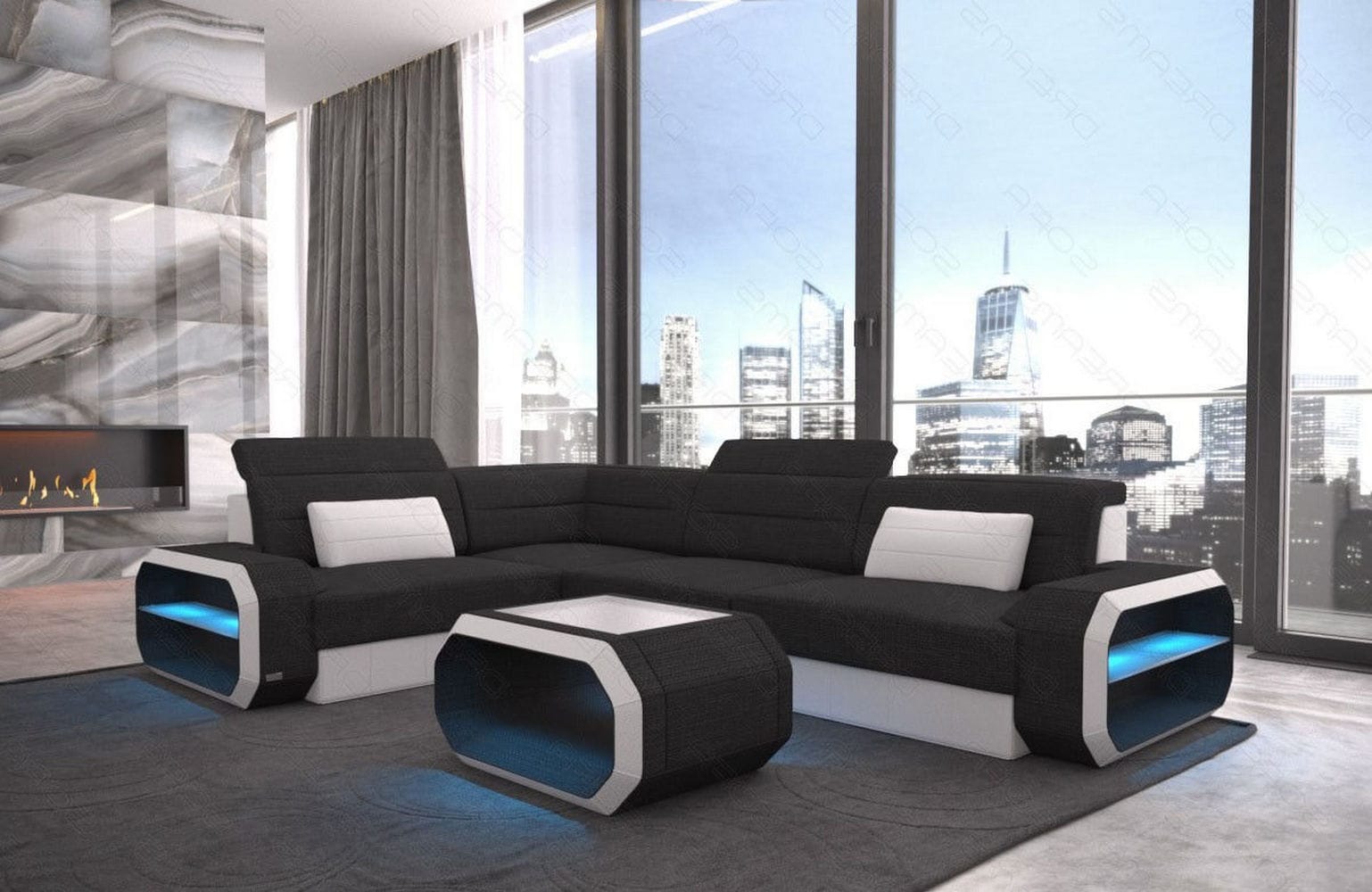 Ecksofa Verona L Form aus Stoff schwarz-weiß
