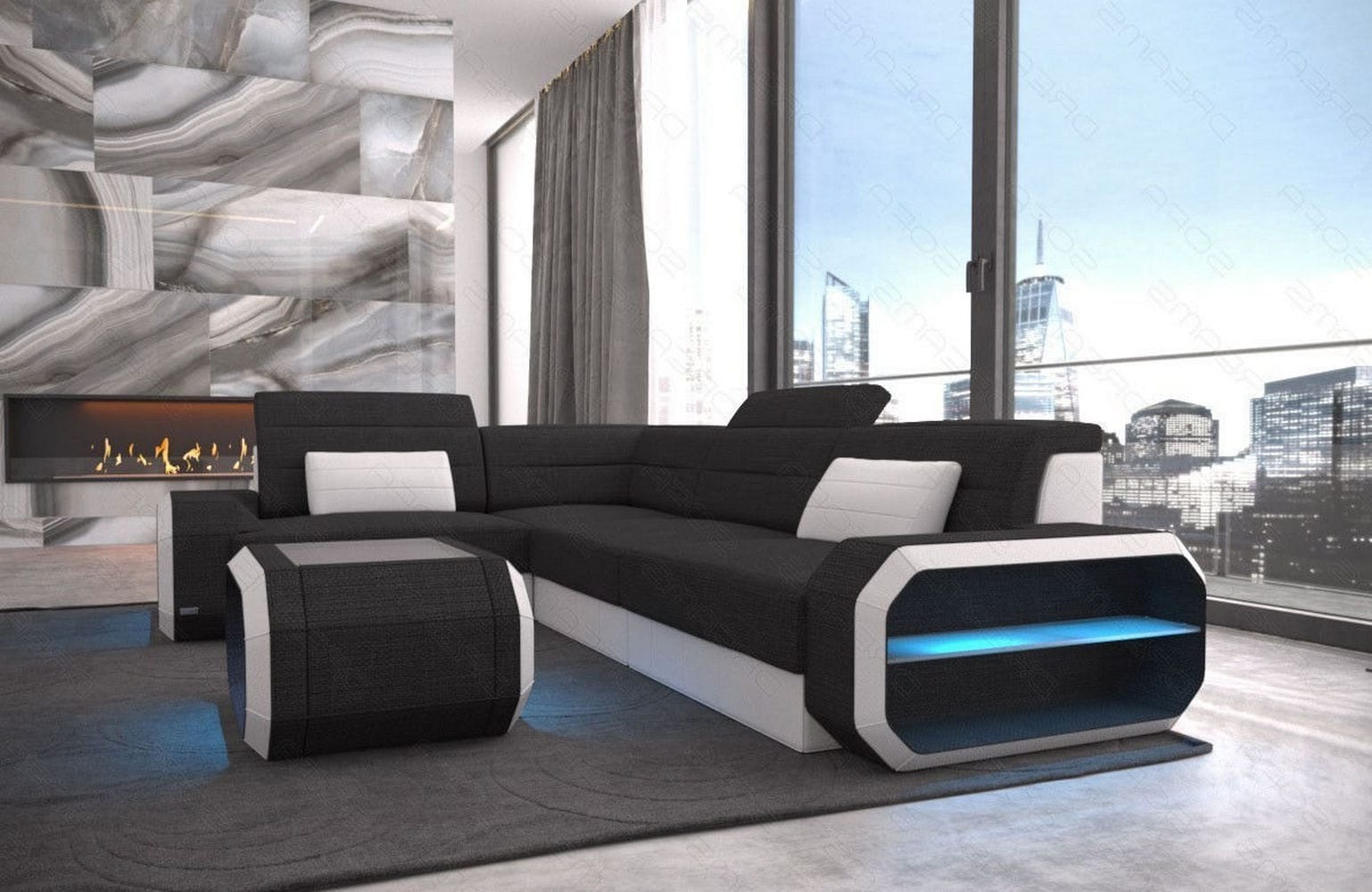 Ecksofa Verona L Form aus Stoff schwarz-weiß