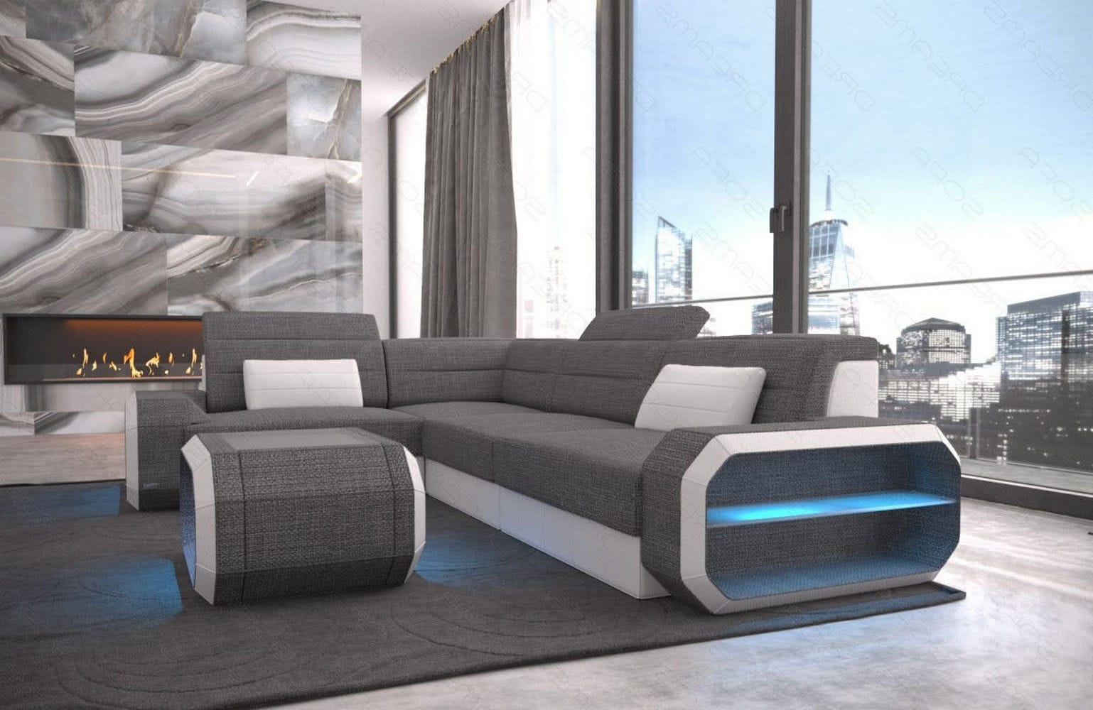 Ecksofa Verona L-Form aus Stoff Grau-Weiß
