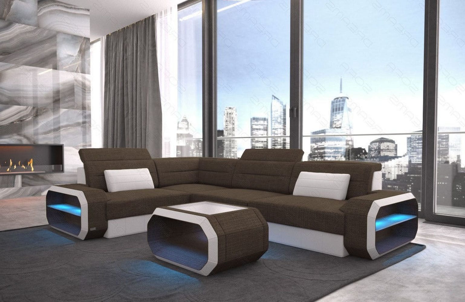 Ecksofa Verona L-Form aus Stoff braun-weiß