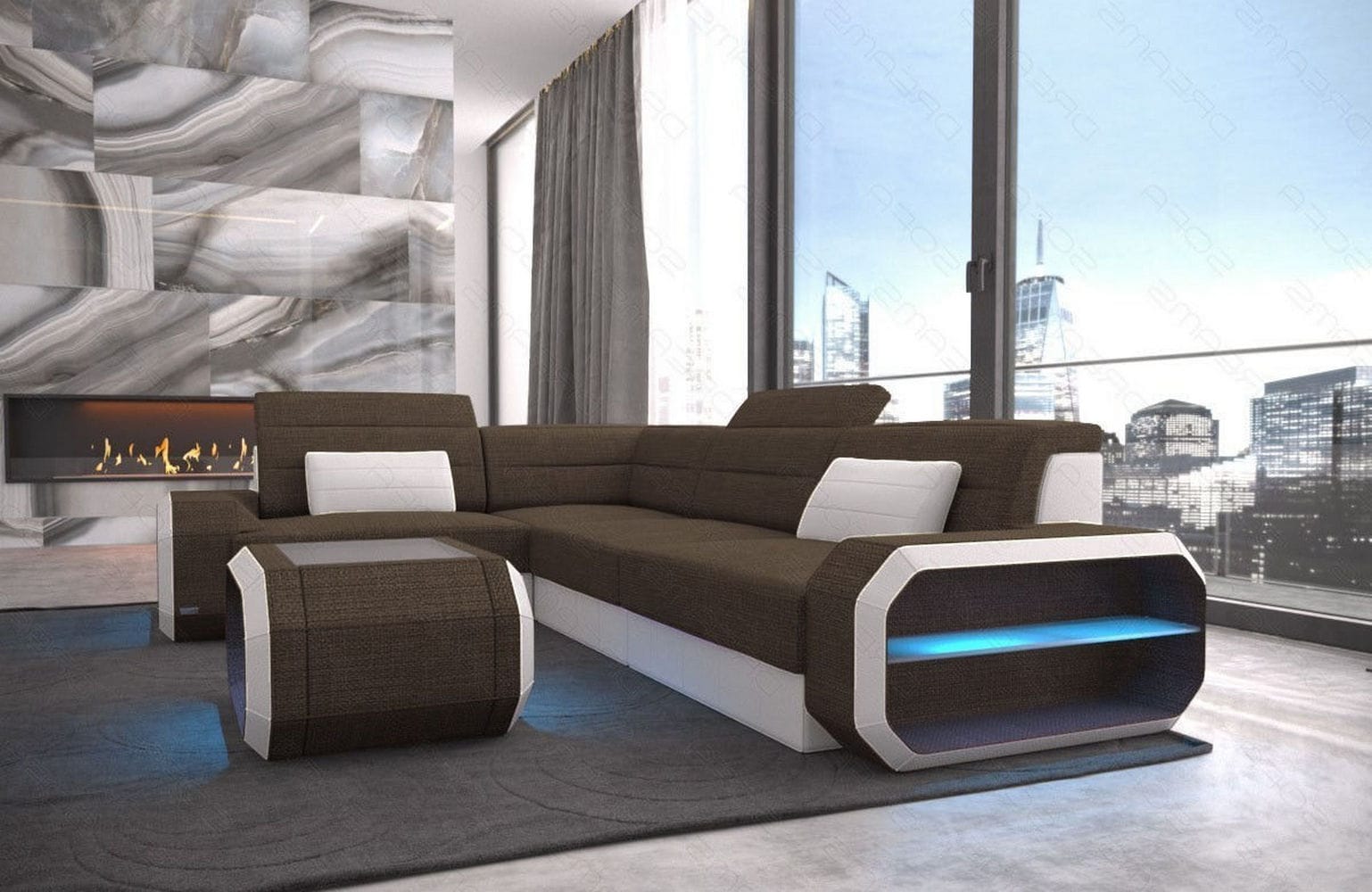 Ecksofa Verona L-Form aus Stoff braun-weiß