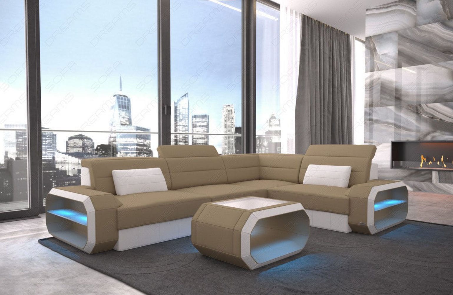 Ecksofa Verona L-Form aus Stoff Cappuccino-Weiß
