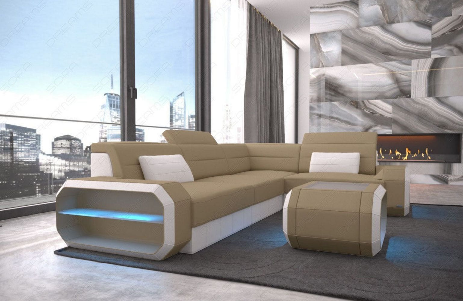 Ecksofa Verona L-Form aus Stoff Cappuccino-Weiß