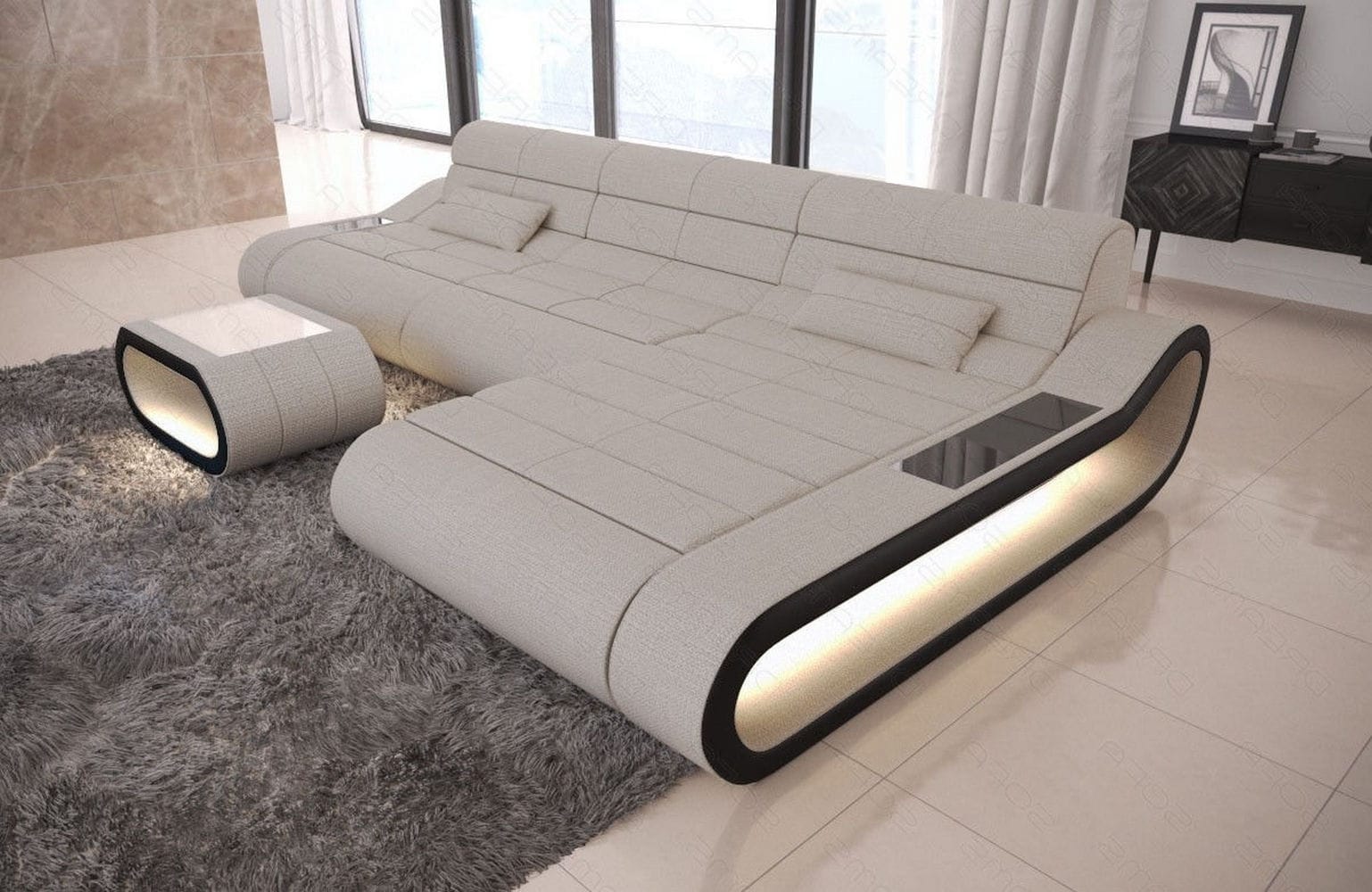 Stoffsofa Concept L-Form Lang Elfenbein-Schwarz