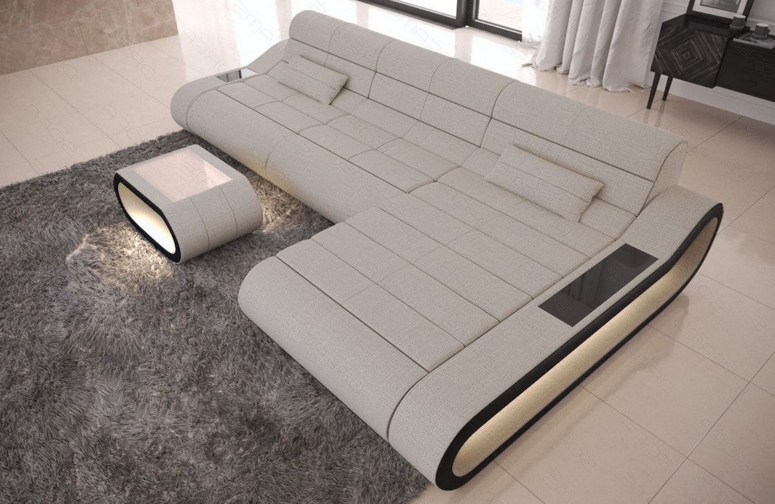Stoffsofa Concept L-Form Lang Elfenbein-Schwarz
