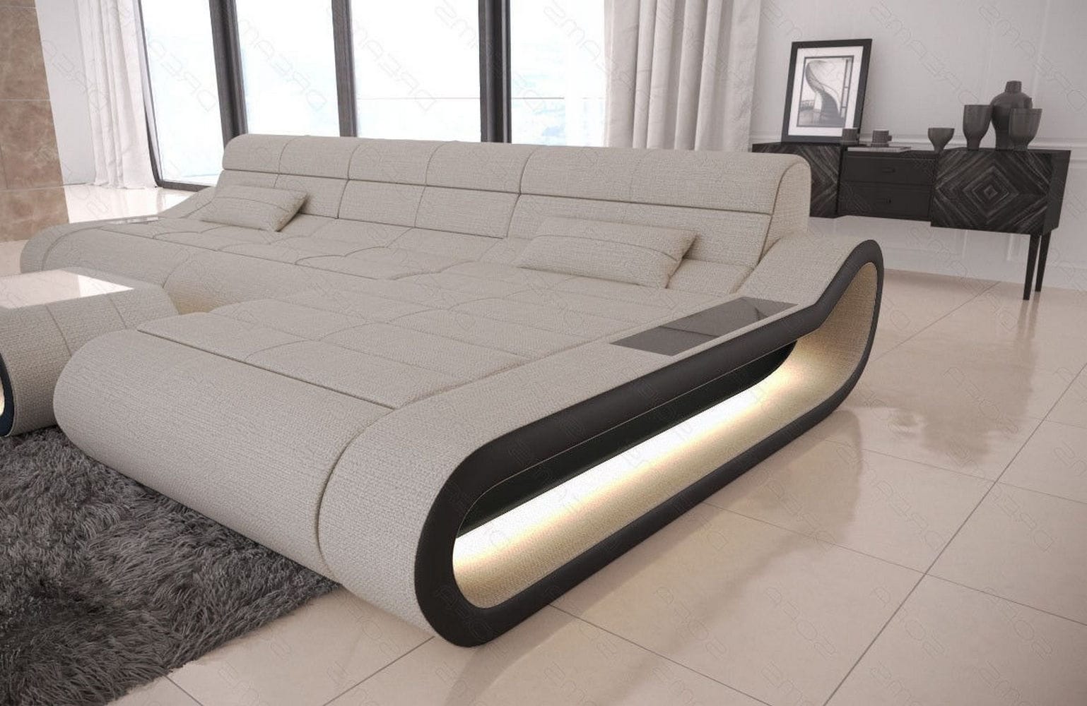 Stoffsofa Concept L-Form Lang Elfenbein-Schwarz