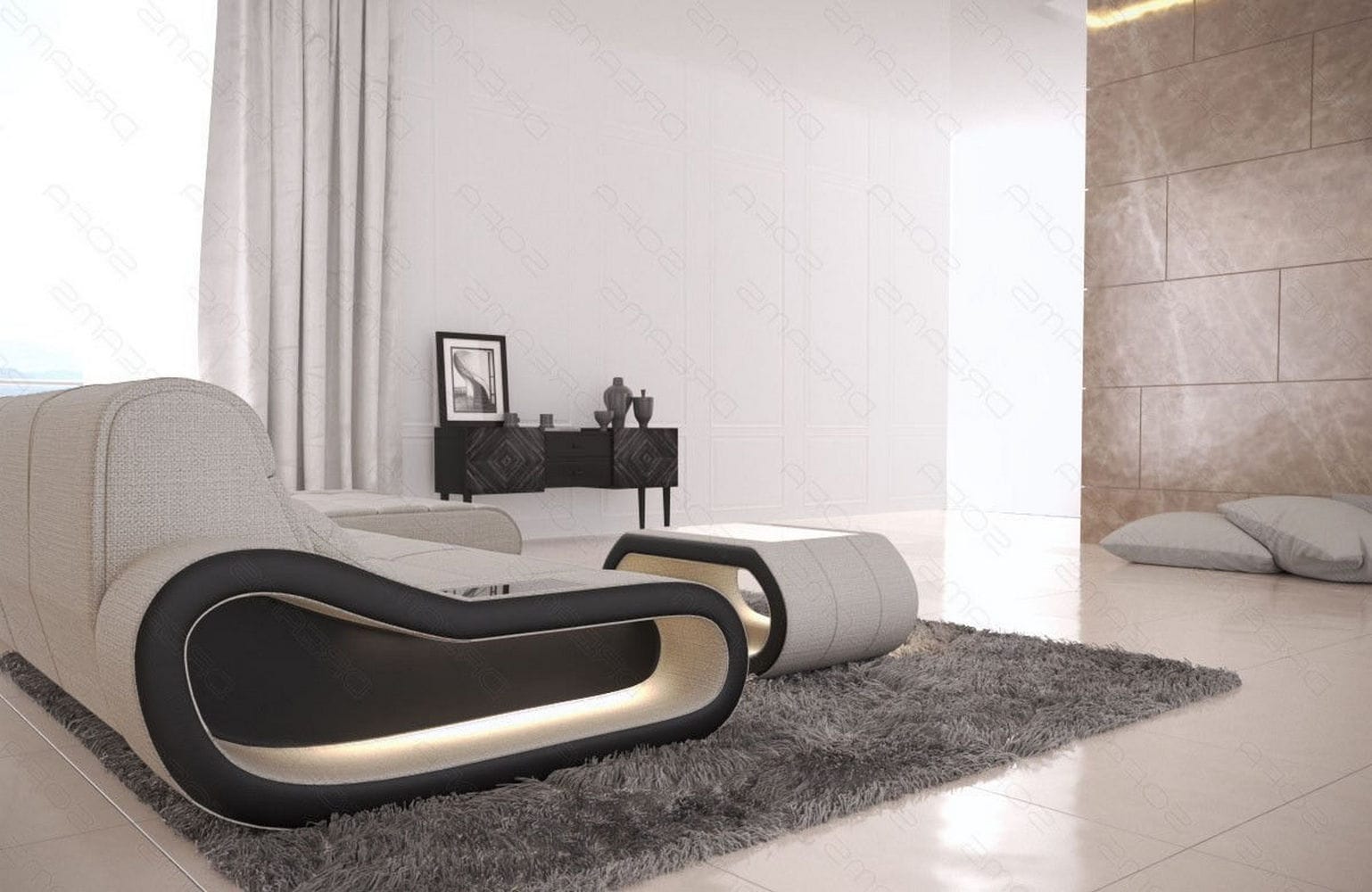Stoffsofa Concept L-Form Lang Elfenbein-Schwarz