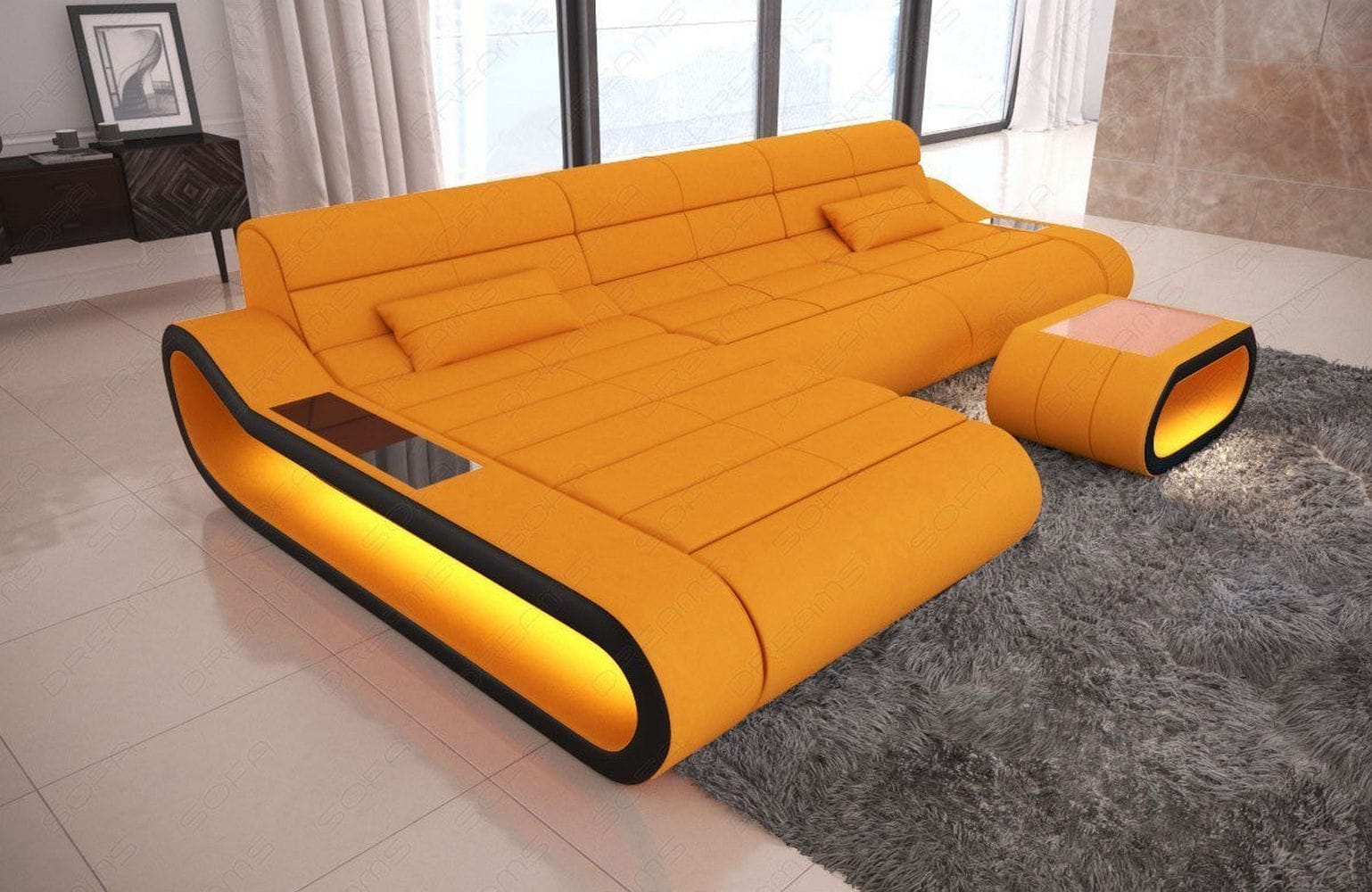 Stoffsofa Concept L-Form Lang Apricot-Schwarz