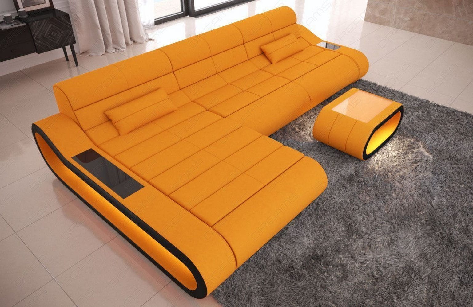 Stoffsofa Concept L-Form Lang Apricot-Schwarz