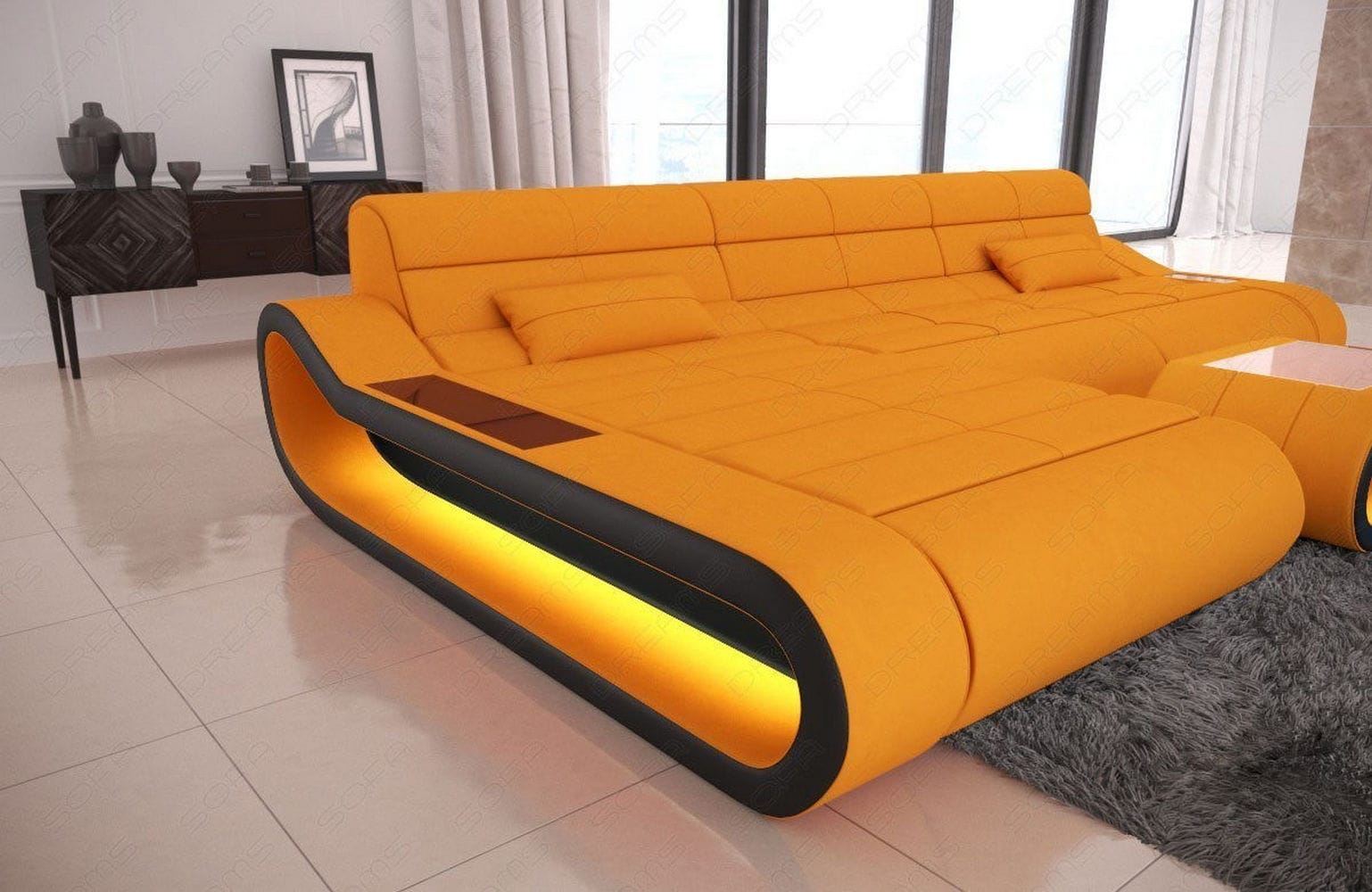 Stoffsofa Concept L-Form Lang Apricot-Schwarz