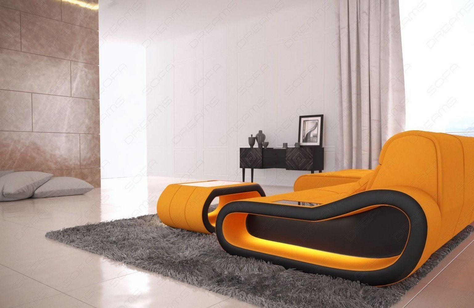 Stoffsofa Concept L-Form Lang Apricot-Schwarz