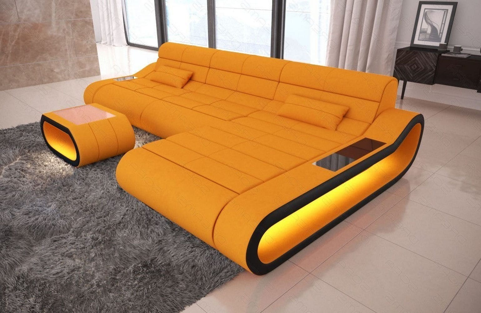 Stoffsofa Concept L-Form Lang Apricot-Schwarz