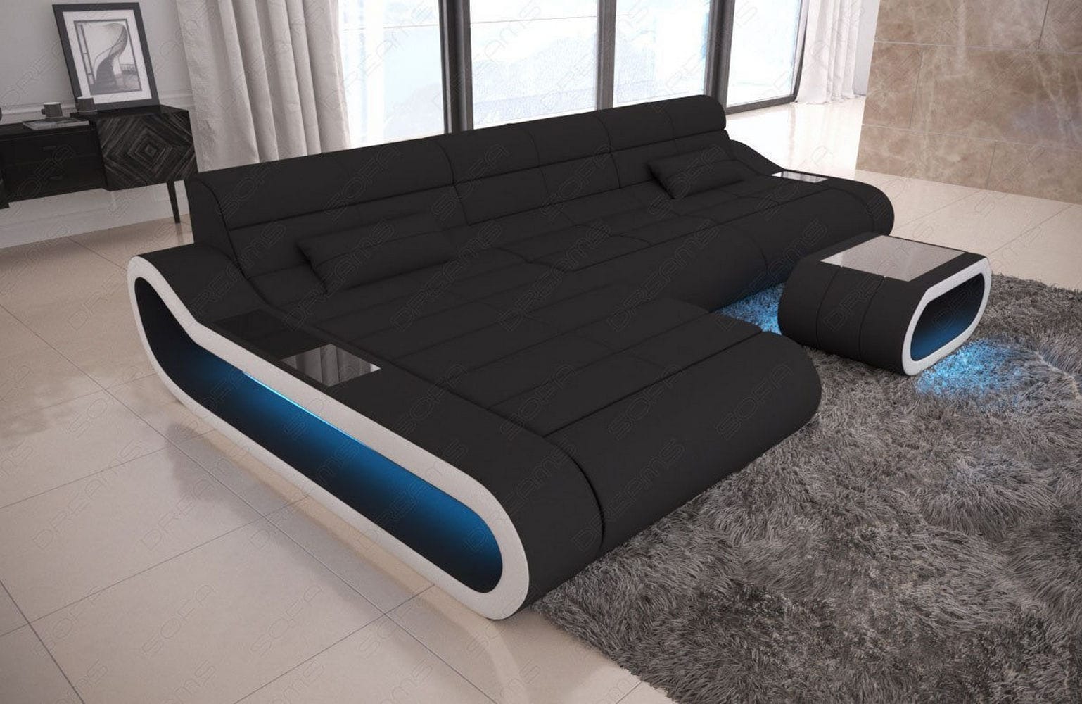 Stoffsofa Concept L-Form Lang Schwarz-Weiß