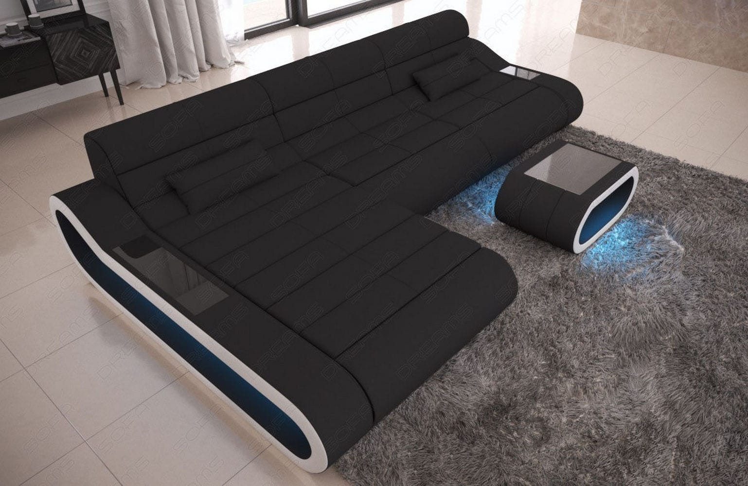 Stoffsofa Concept L-Form Lang Schwarz-Weiß
