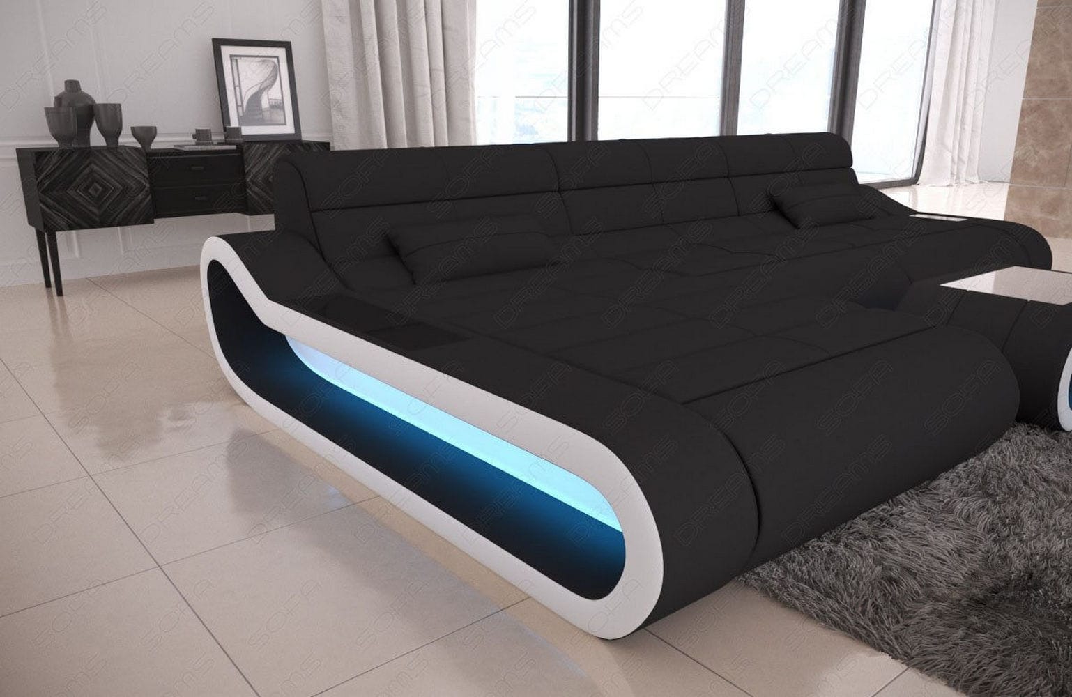 Stoffsofa Concept L-Form Lang Schwarz-Weiß