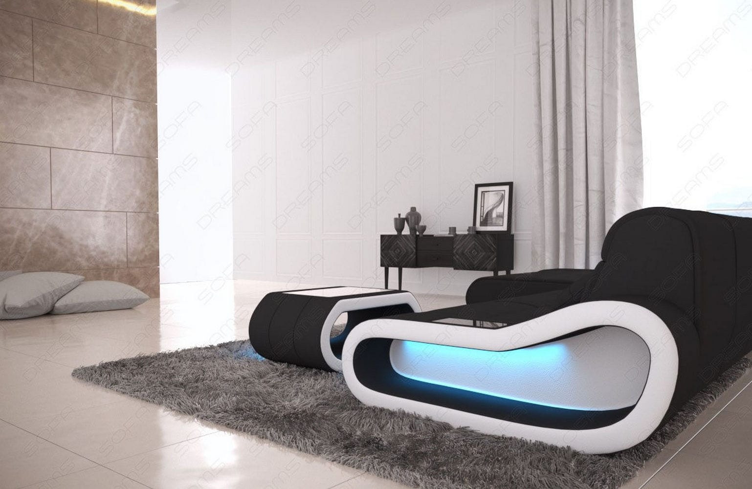 Stoffsofa Concept L-Form Lang Schwarz-Weiß