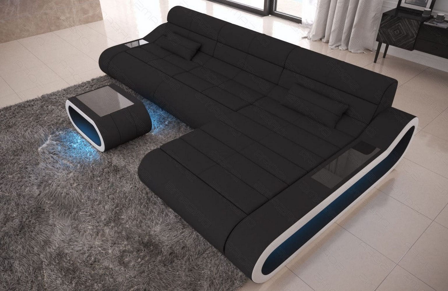 Stoffsofa Concept L-Form Lang Schwarz-Weiß