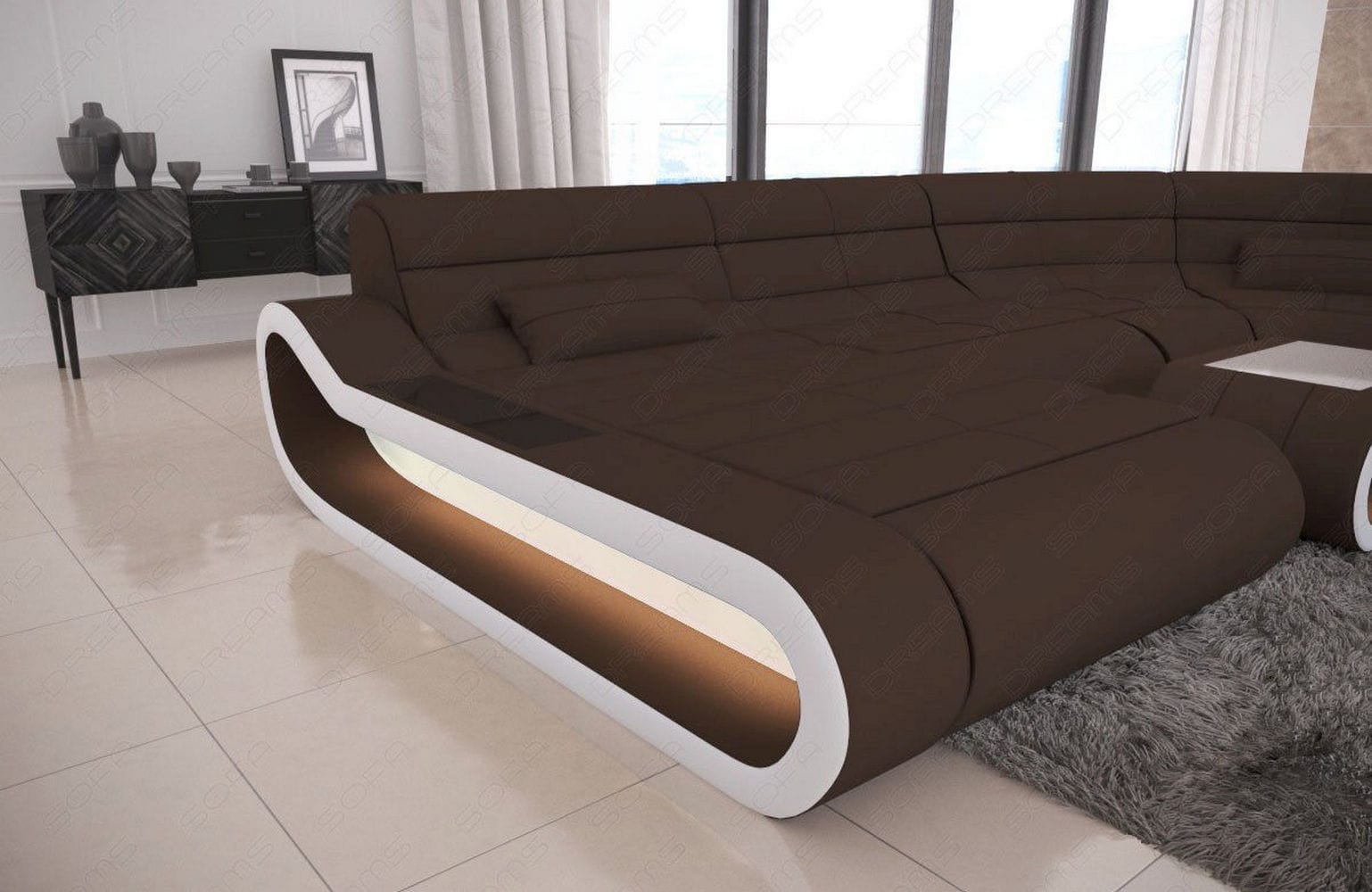 Wohnlandschaft Stoff Concept mit LED Dunkelbraun-Weiß