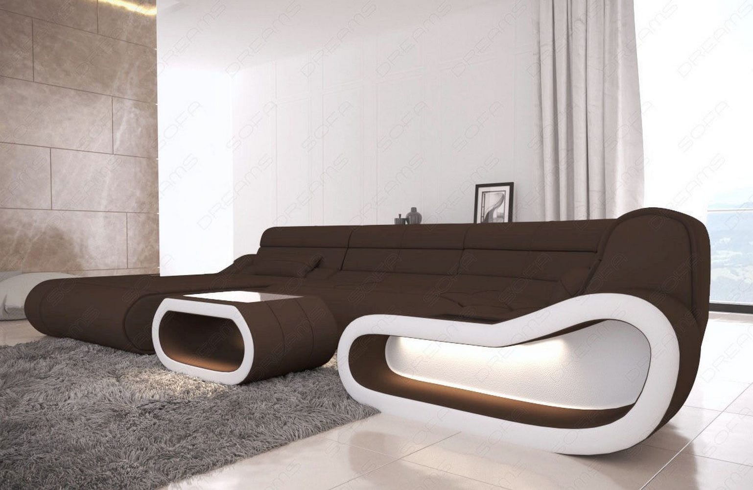 Wohnlandschaft Stoff Concept mit LED Dunkelbraun-Weiß