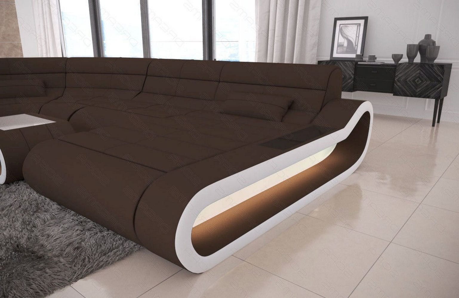 Wohnlandschaft Stoff Concept mit LED Dunkelbraun-Weiß