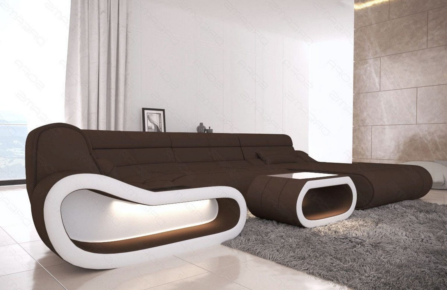 Wohnlandschaft Stoff Concept mit LED Dunkelbraun-Weiß