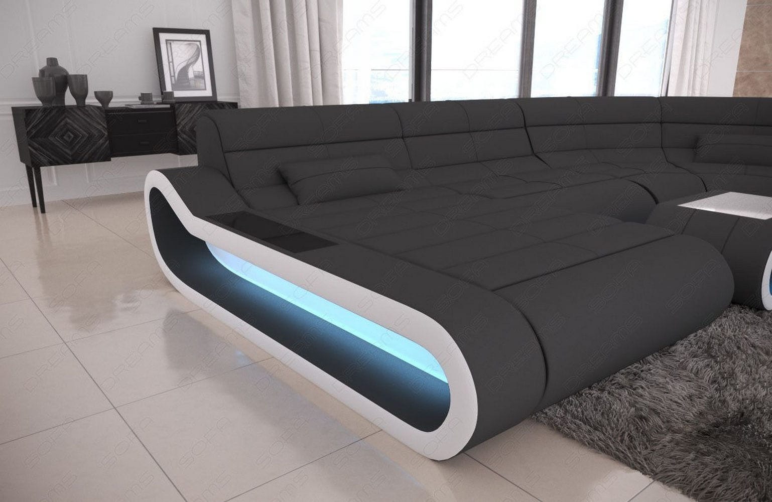 Wohnlandschaft Stoff Concept mit LED Dunkelgrau-Weiß