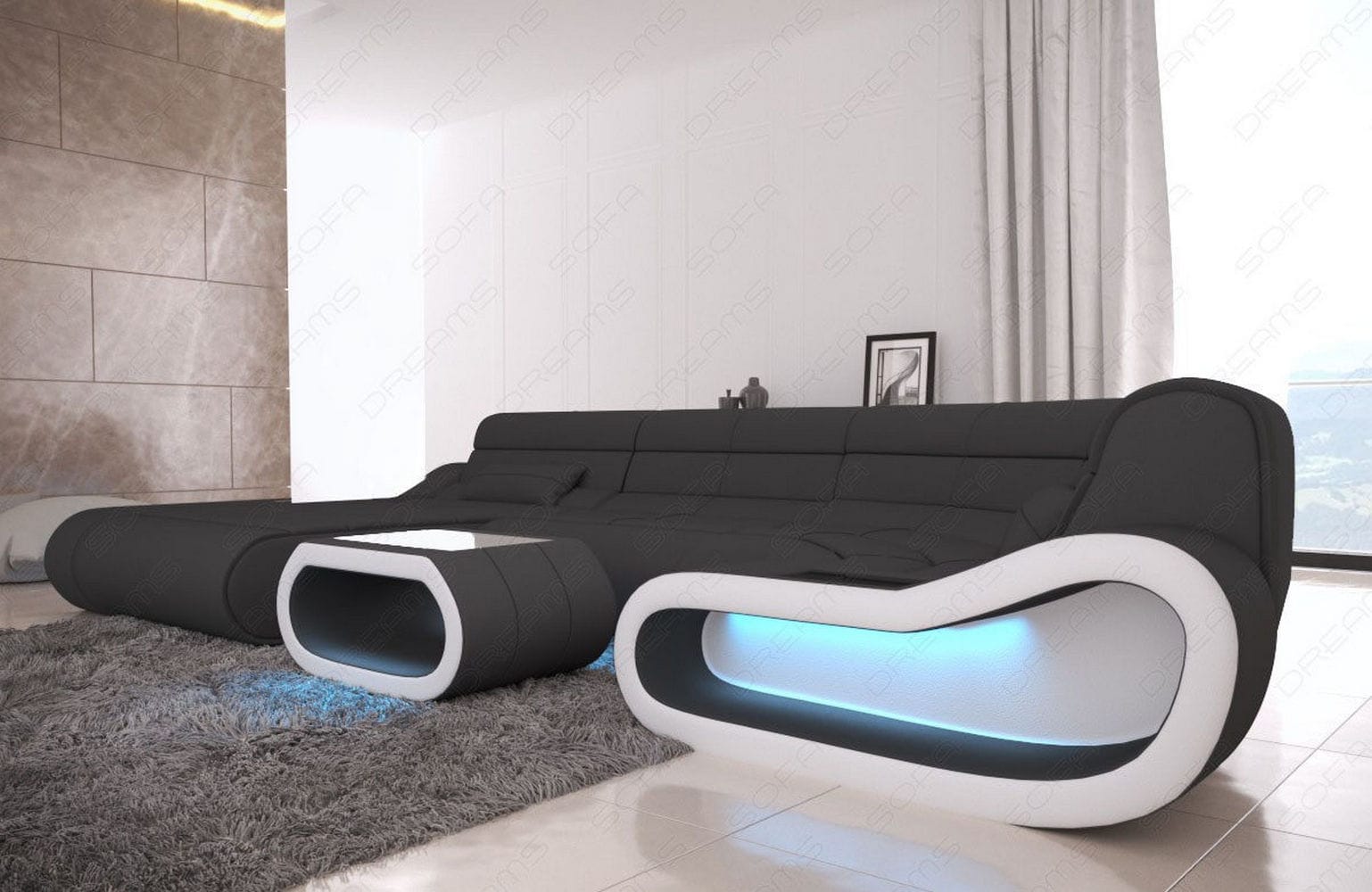 Wohnlandschaft Stoff Concept mit LED Dunkelgrau-Weiß