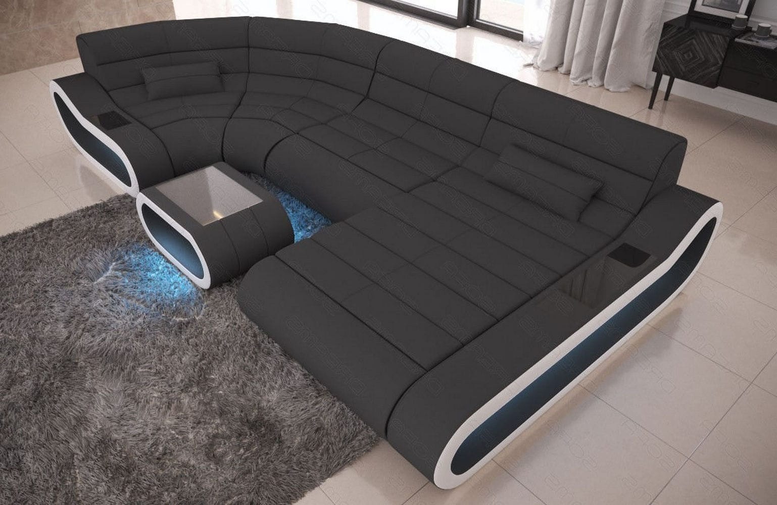 Wohnlandschaft Stoff Concept mit LED Dunkelgrau-Weiß