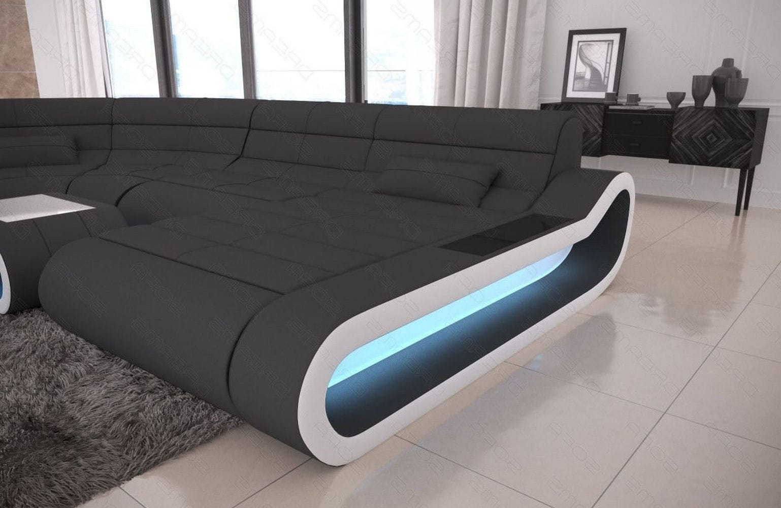 Wohnlandschaft Stoff Concept mit LED Dunkelgrau-Weiß