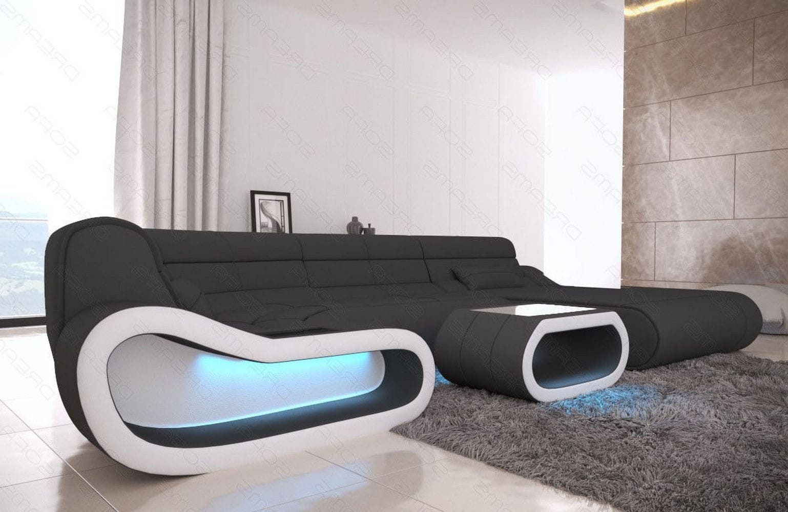 Wohnlandschaft Stoff Concept mit LED Dunkelgrau-Weiß