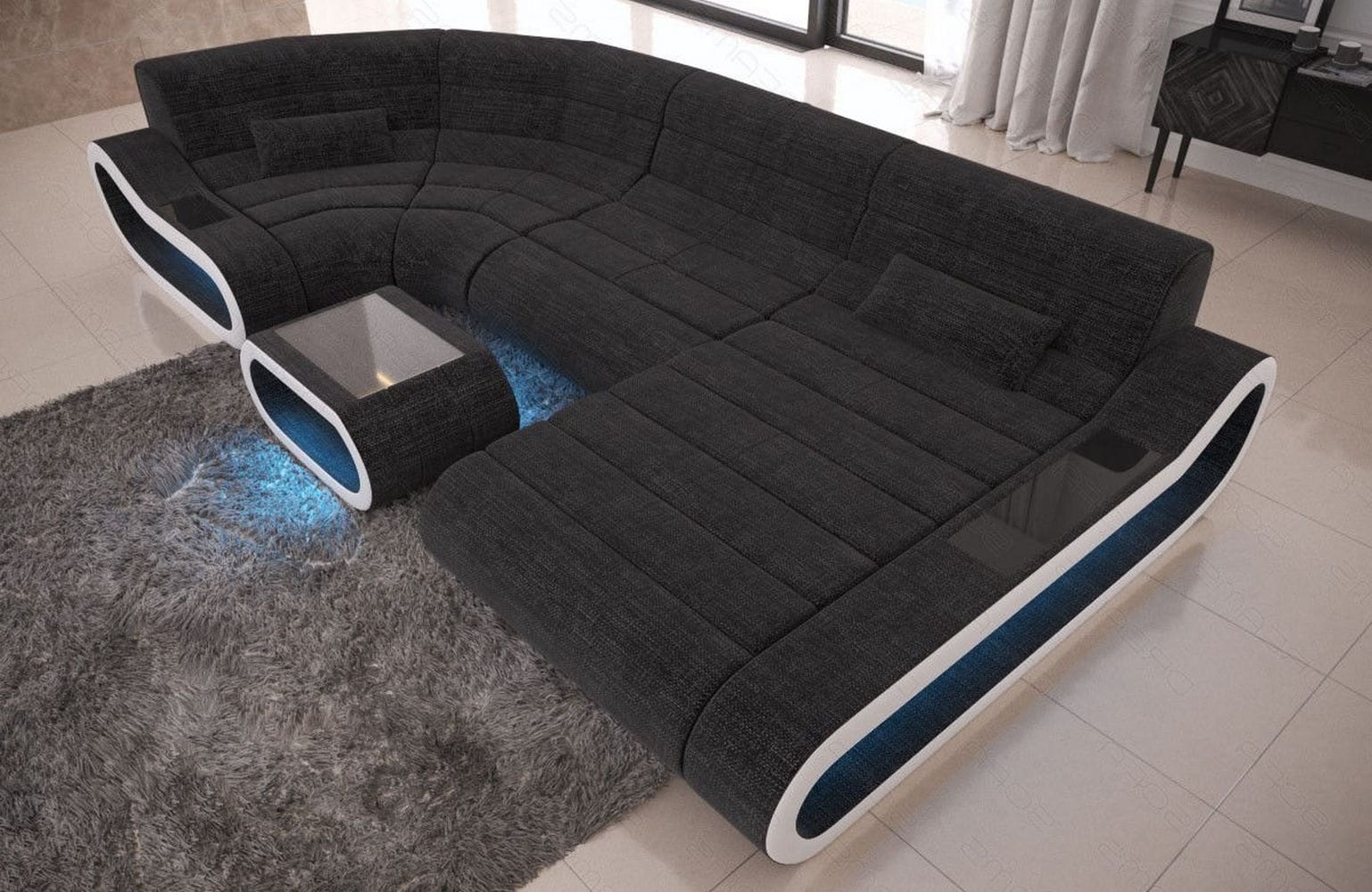 Wohnlandschaft Stoff Concept mit LED Schwarzgrau-Weiß