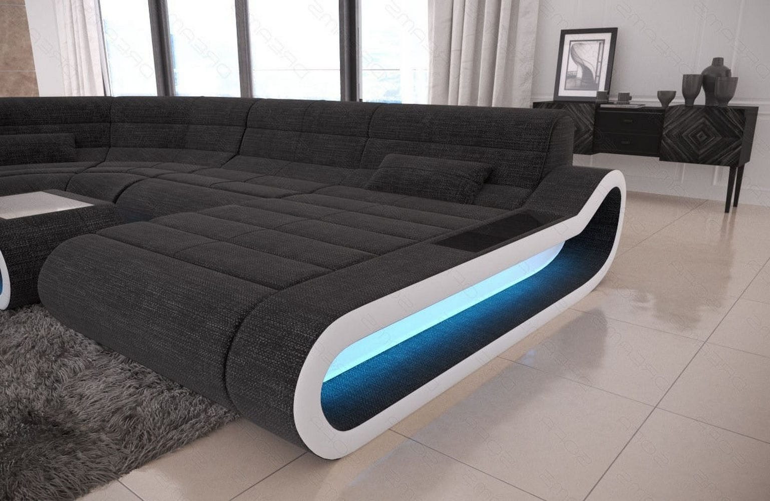 Wohnlandschaft Stoff Concept mit LED Schwarzgrau-Weiß
