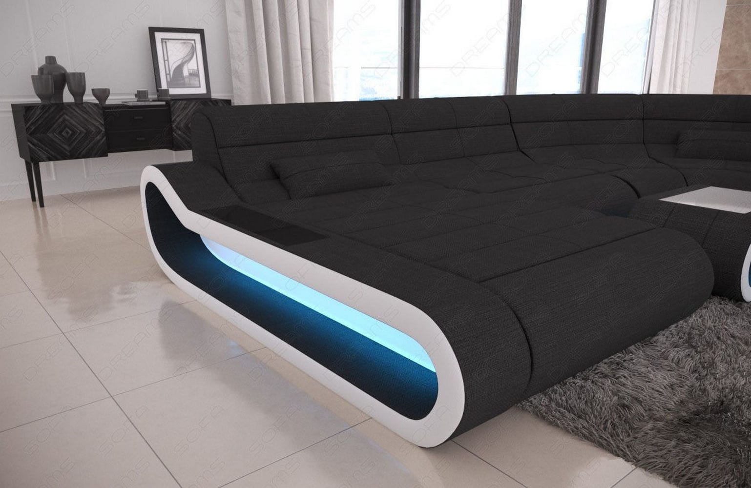Wohnlandschaft Stoff Concept mit LED Schwarz-Weiß