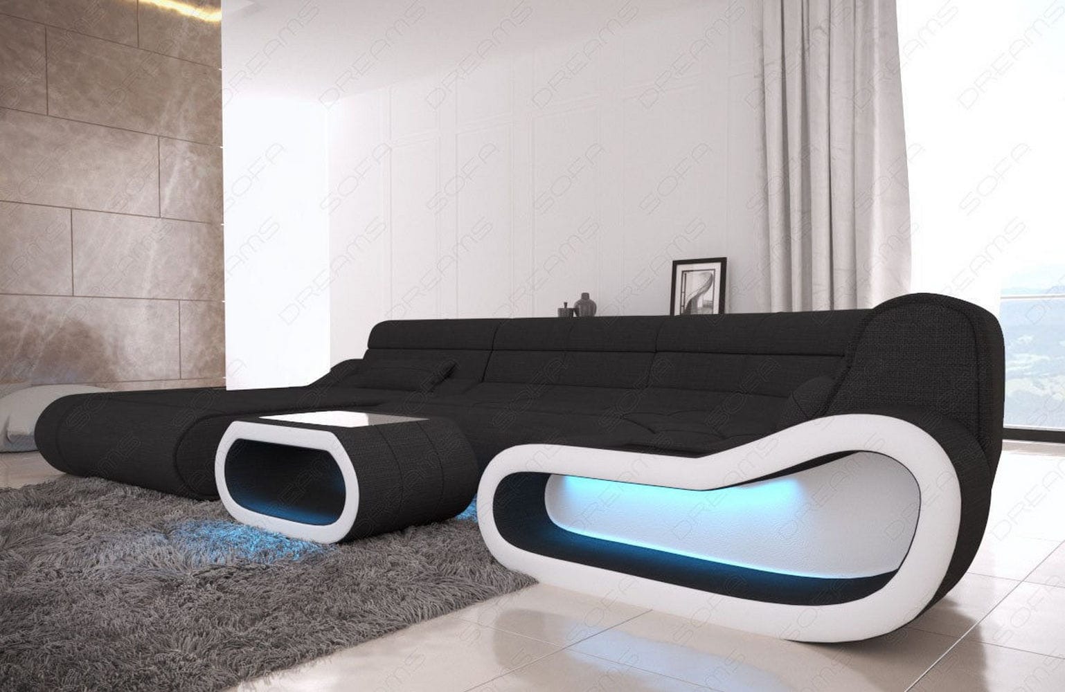 Wohnlandschaft Stoff Concept mit LED Schwarz-Weiß