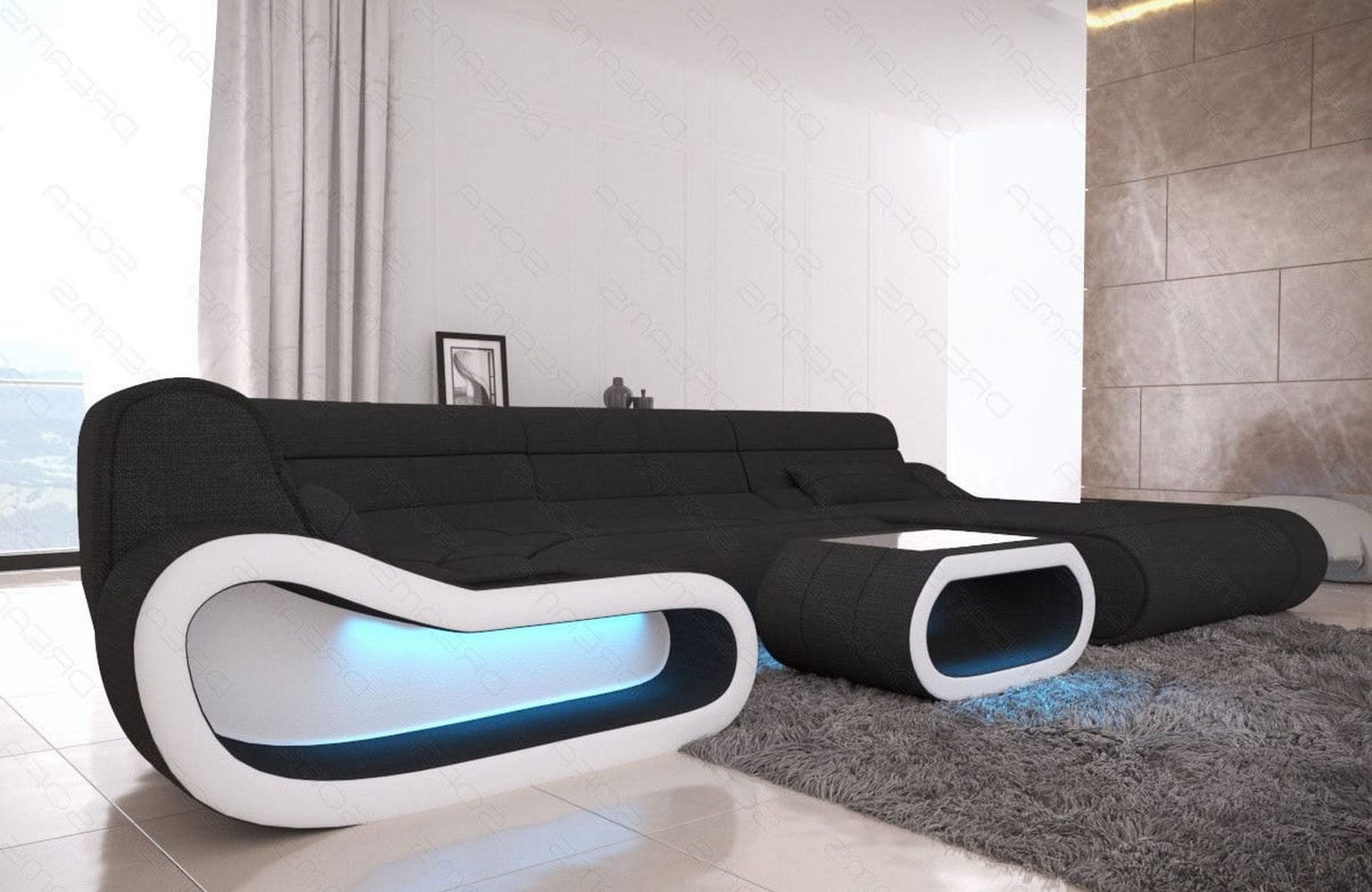Wohnlandschaft Stoff Concept mit LED Schwarz-Weiß