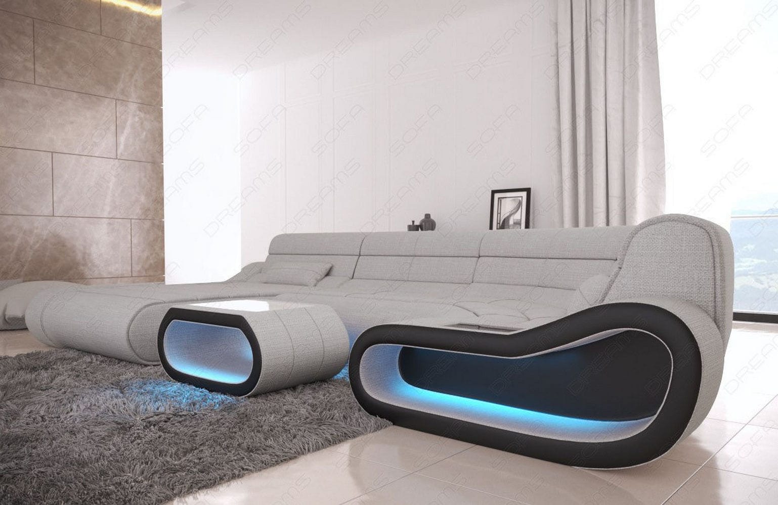 Wohnlandschaft Stoff Concept mit LED Macchiato-Schwarz