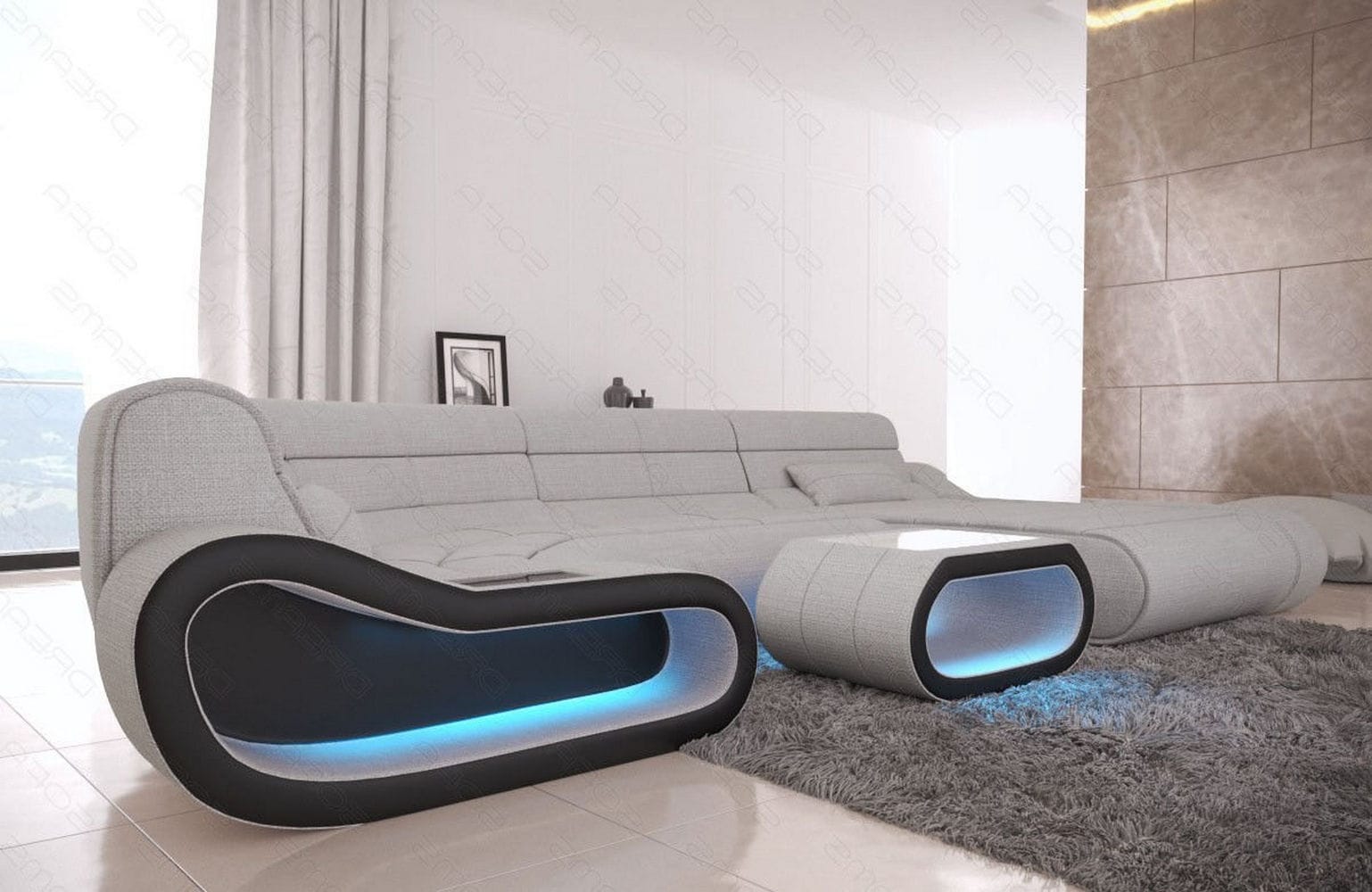 Wohnlandschaft Stoff Concept mit LED Macchiato-Schwarz