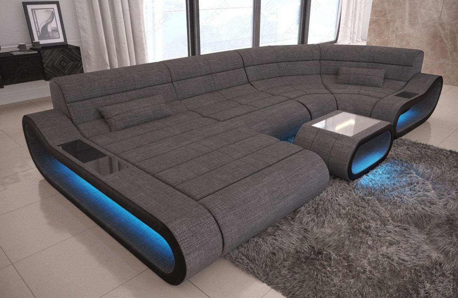 Wohnlandschaft Stoff Concept mit LED Grau-Schwarz