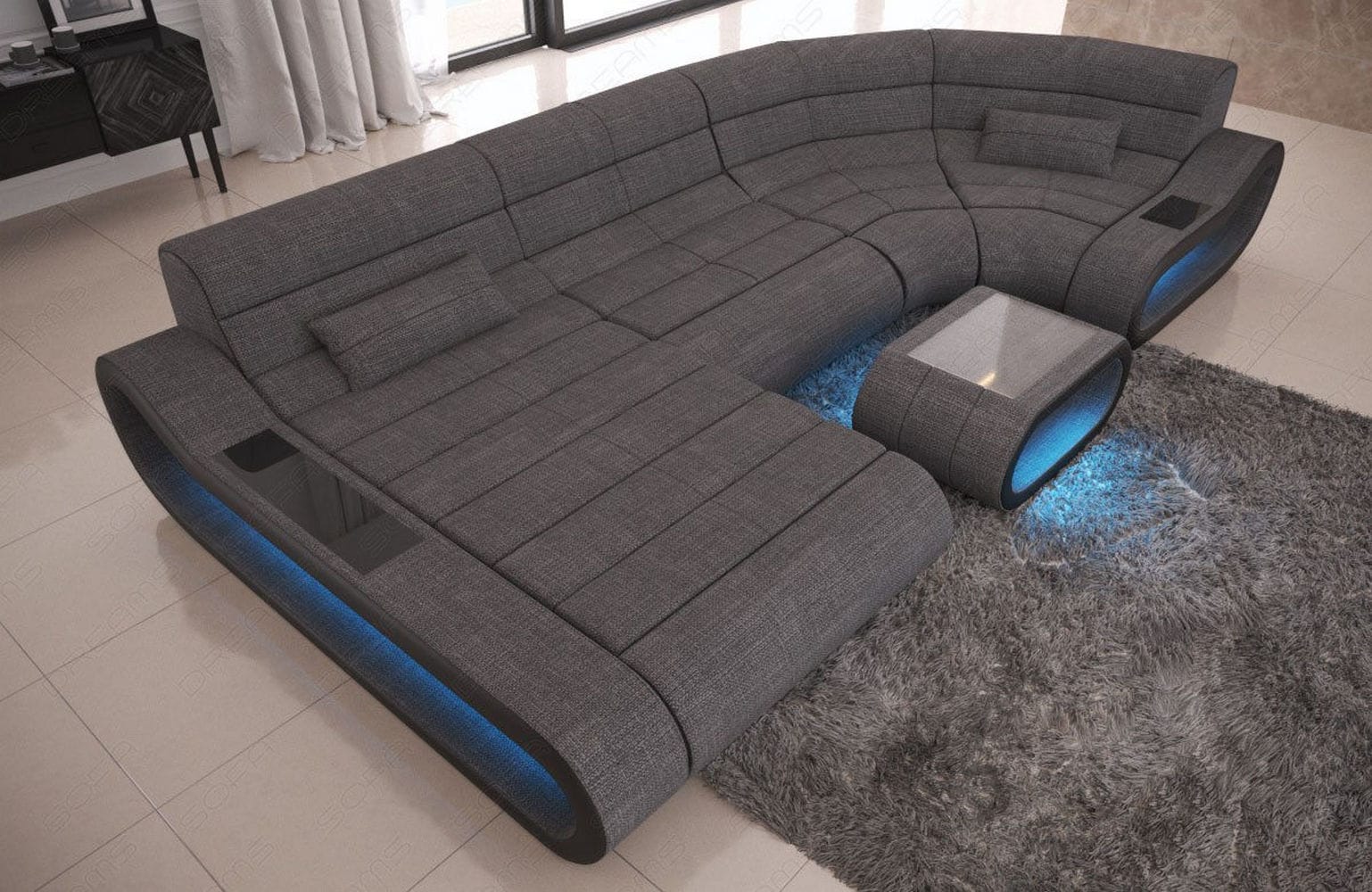 Wohnlandschaft Stoff Concept mit LED Grau-Schwarz